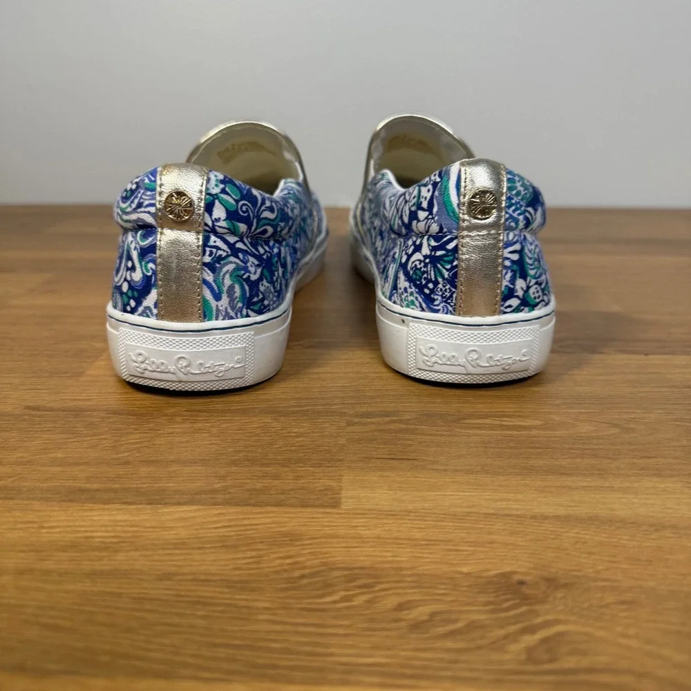 Lilly Pulitzer Blue Green Paisley Slip On Sneakers Metallic Gold Trim 001293 9